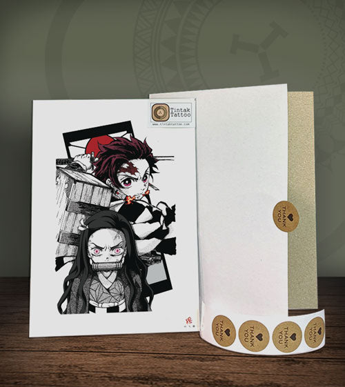 Anime-style character illustration on a white card with gold accents, featuring a brand logo.