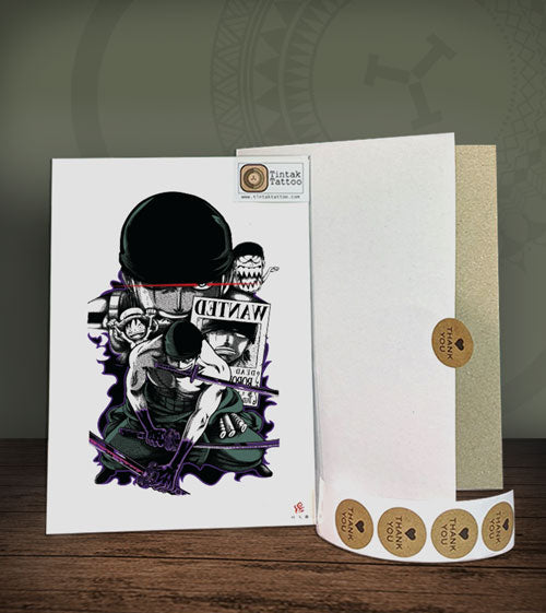 Tattoo-style artwork on a white card with visible brand logo.