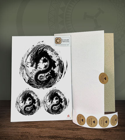 Black dragon temporary tattoo design on its packaging