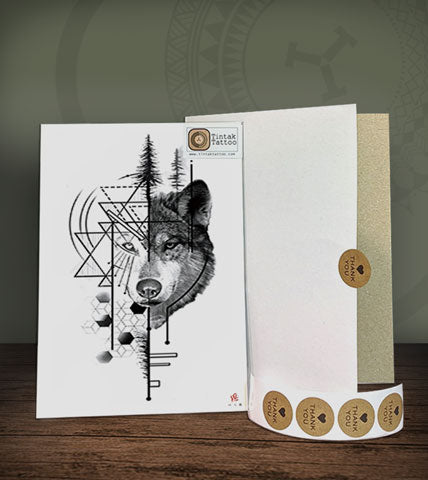 Geometric Wolf temporary tattoo sticker design on its packaging