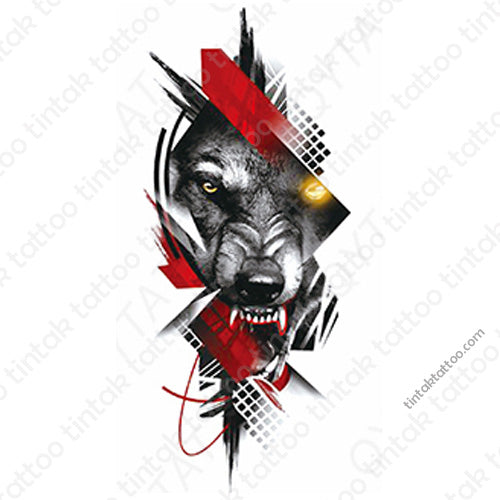 Wolf temporary tattoo sticker design and trash polka style.
