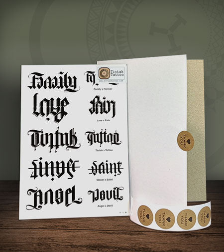 ambigram temporary tattoo stickers on its packaging