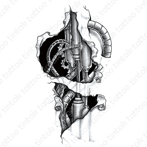 Biomech Temporary Tattoo design in Black and Gray with gears and chords.