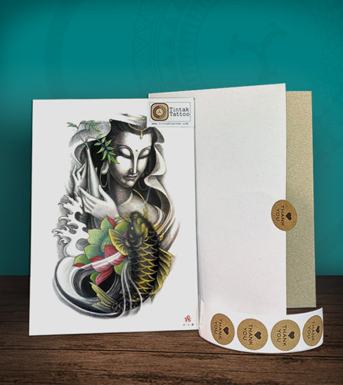Tintak temporary tattoo sticker with Buddha and koi fish design, with its hard board packaging.