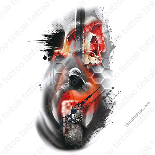 Clock, Reaper, Skull Temporary Tattoo Sticker in Trash Polka Design