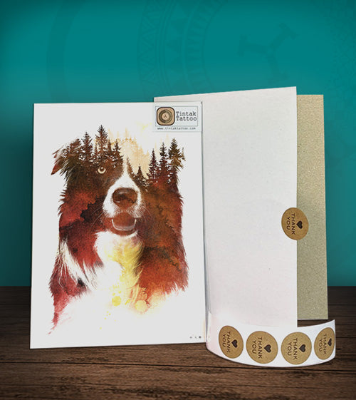 Tintak temporary tattoo sticker with abstract dog design, with its hard board packaging.