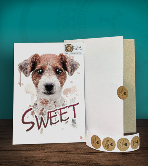 Tintak temporary tattoo sticker with sweet dog design, with its hard board packaging.