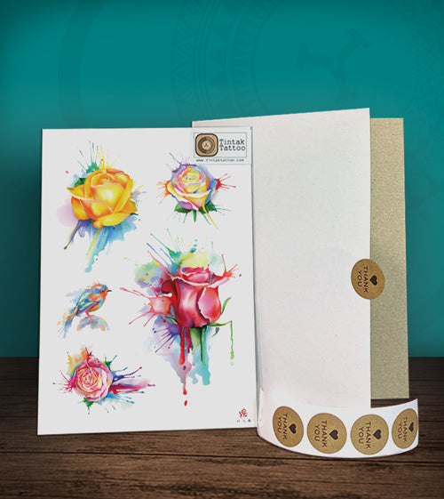 Tintak temporary tattoo sticker with water colored rose flower design, with its hard board packaging.