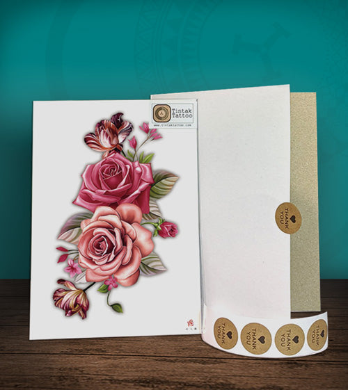 Tintak temporary tattoo sticker with pink rose flower designs, with its hard board packaging.