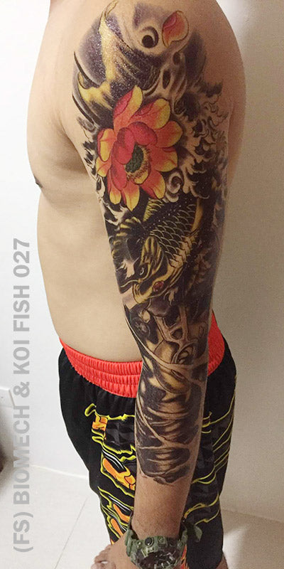 Full sleeve temporary tattoo on a man's arm with biomech and koi fish design.