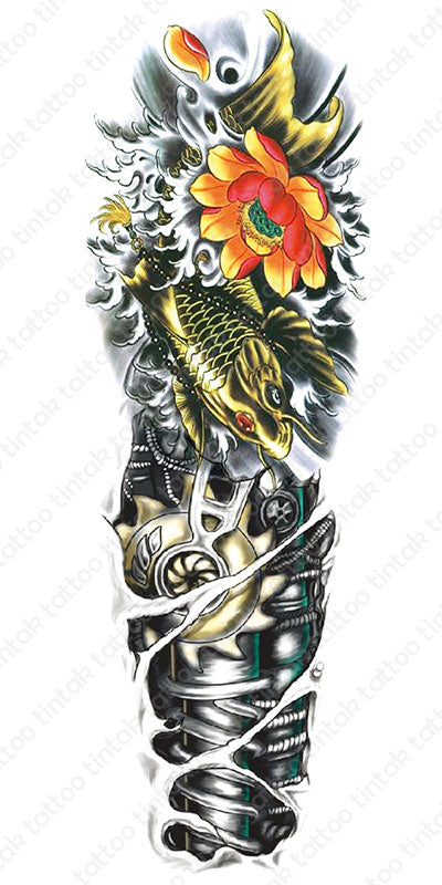 Full sleeve biomech and koi fish temporary tattoo sticker design.