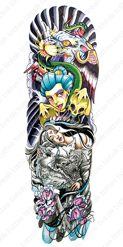 Full sleeve temporary tattoo design with diwata, dragon, and a snake.