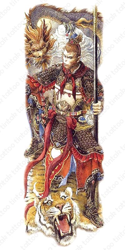 Full sleeve temporary tattoo design with the Monkey king, a tiger and a dragon.