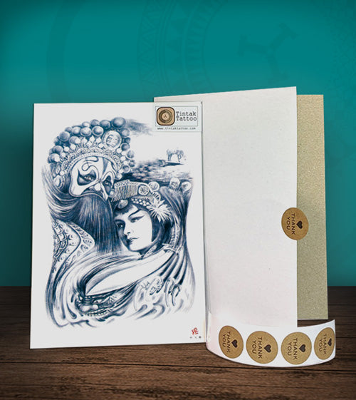 Tintak temporary tattoo sticker with king and geisha design, with its hard board packaging.