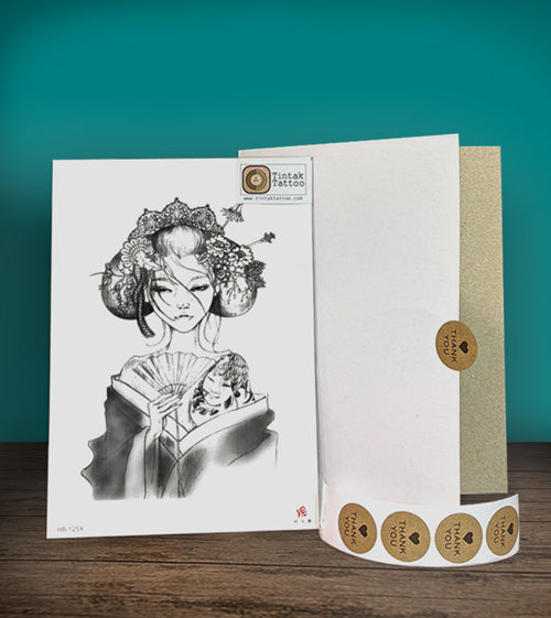 Tintak temporary tattoo sticker geisha design with packaging.
