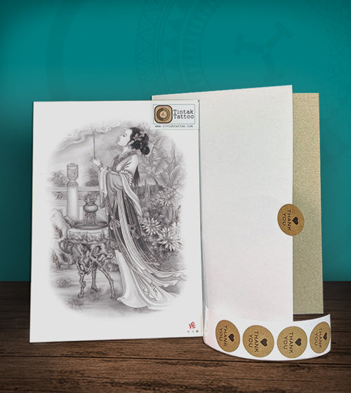 Tintak temporary tattoo sticker with black ang gray geisha design, with its hard board packaging.