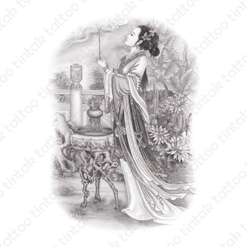 Black and gray geisha temporary tattoo sticker design.