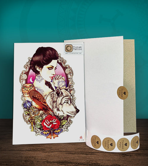 Tintak temporary tattoo sticker with geisha design, with its hard board packaging.