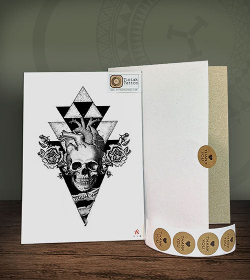 Geometric Skull Temporary Tattoo Design 046 with its hard-board packaging