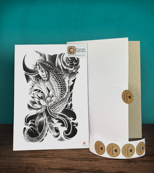 Tintak temporary tattoo sticker with black and gray koi fish design, with its hard board packaging.