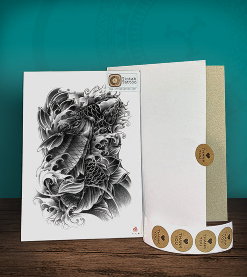 Tintak temporary tattoo sticker with black and gray koi fish design, with its hard board packaging.