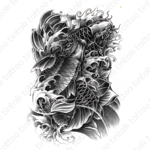 Black and Gray Koi Fish temporary tattoo sticker design.