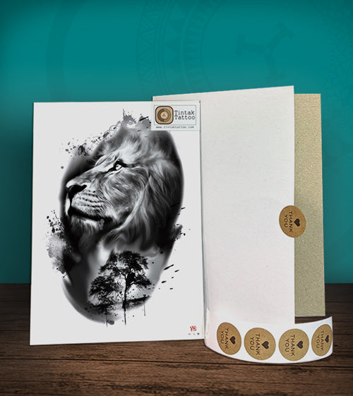 Tintak temporary tattoo with lion design, with its hard board packaging.