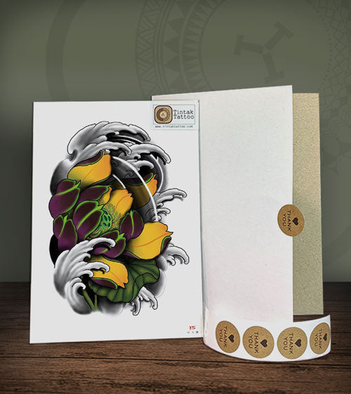 Lotus and Waves Temporary Tattoo Design 609 with its hard-board packaging.