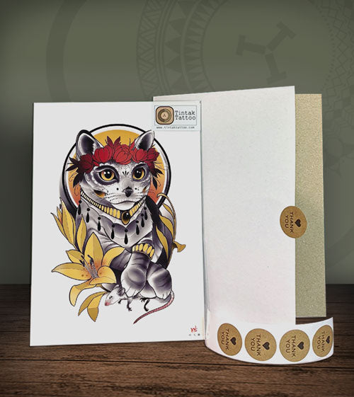 Neo Cat Temporary Tattoo Design 117X with its hard-board packaging.