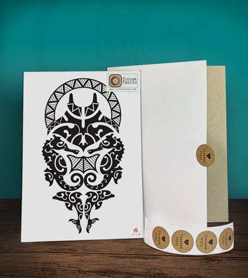 Temporary tattoo sticker with Polynesian design with its hard board packaging.