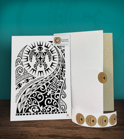 Tintak temporary tattoo sticker with polyneian design, with its hard board packaging.