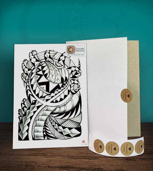 Tintak temporary tattoo sticker with polyneian design, with its hard board packaging.