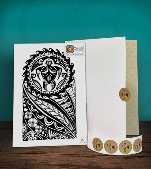 Tintak temporary tattoo sticker with polyneian design, with its hard board packaging.
