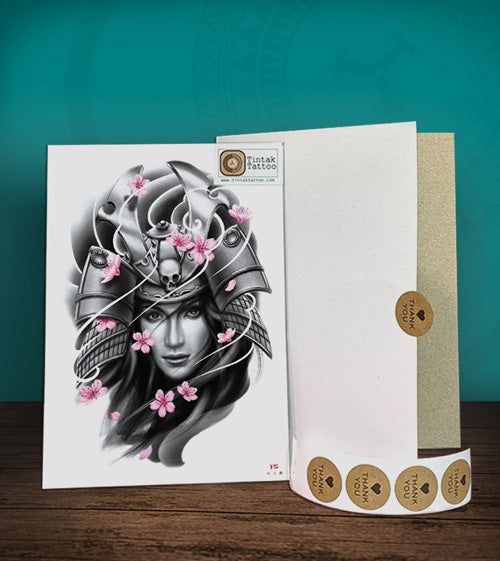 Tintak temporary tattoo with shogun design, with its hard board packaging.