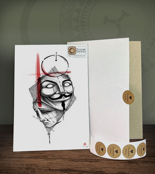Vendetta Mask Temporary Tattoo Design 077 with its hard-board packaging.