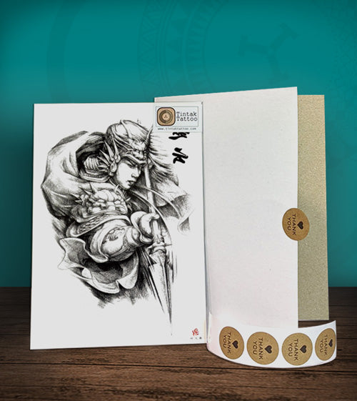 Tintak temporary tattoo sticker with warrior design, with its hard board packaging.