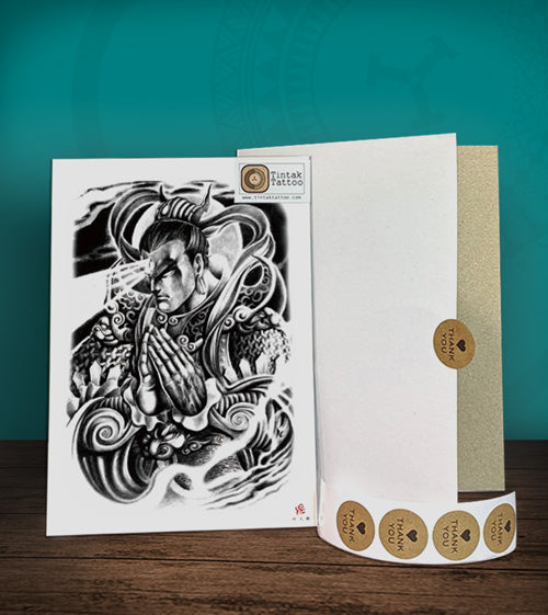 Tintak temporary tattoo sticker with warrior design, with its hard board packaging.