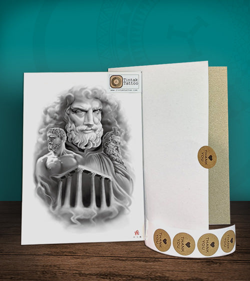 Tintak temporary tattoo with zeus temple design, with its hard board packaging.