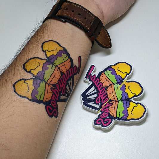 A custom Temporary tattoo sticker with ice cream design for a local brand campaign, tattooed or applied on arm.