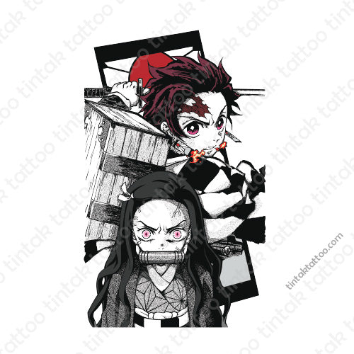Illustration of two characters Tanjiro and Nezuko from Demon Slayer Anime Series, on a white background.