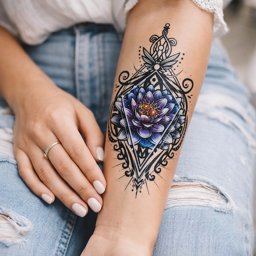 Detailed tattoo of a purple flower with black geometric design on a person's arm, wearing blue jeans.
