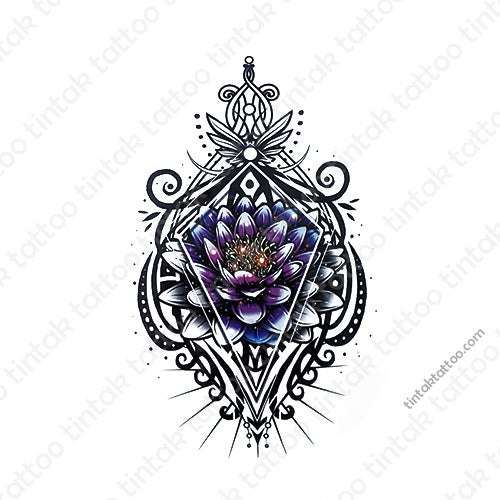 Decorative purple lotus flower with intricate black patterns mandala style on a white background