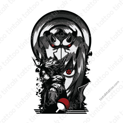 Black and gray tattoo design of a Sasuke's stylized face and sharingan with red accents on a white background.