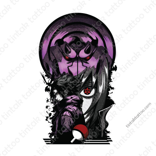 Tattoo design of Sasuke character with a large purple eye design in the background