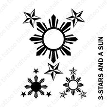 Load image into Gallery viewer, 3 Stars and a Sun Temporary Tattoo design with one big and 2 smaller ones.