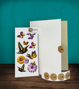 Tintak temporary tattoo sticker with 3D butterfly designs, with its hard board packaging.