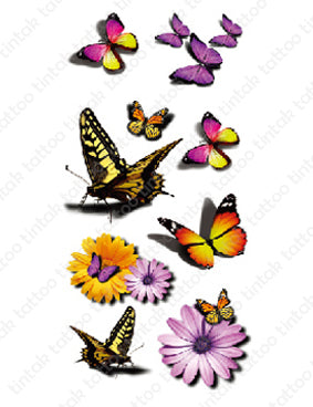 Set of small 3D butterfly temporary tattoo designs in different colors.