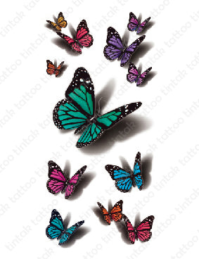 Set of small 3D butterfly temporary tattoo designs in different colors.