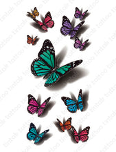 Load image into Gallery viewer, Set of small 3D butterfly temporary tattoo designs in different colors.