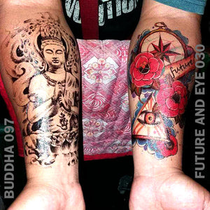 A man's left and right arm, each have temporary tattoos with a Buddha on his right and Future and eye on his left.